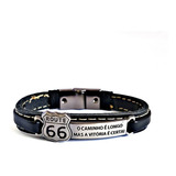 Pulseira Masculina Couro Motoqueiro Route 66 Fecho Magnetico