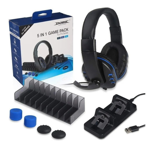 Pack Gamer 5 En 1 Ps4 Audifono-cargador-cable-mic-grip-cable