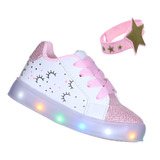 Tênis Infantil Feminino Com Luzinha De Led Glitter + Brinde