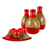 Jogo Ceramica Decorativo Centro Mesa Sala Enfeite Conjunto Cor Leticia Vermelho Dourado