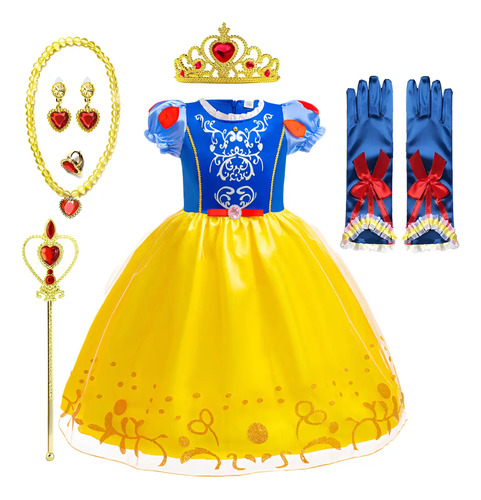 Vestido De Fiesta De Princesa Blancanieves Para Niña, Con Collar Guante Crown Anillo Pendientes 5 Piezas De Accesorios | Envío gratis