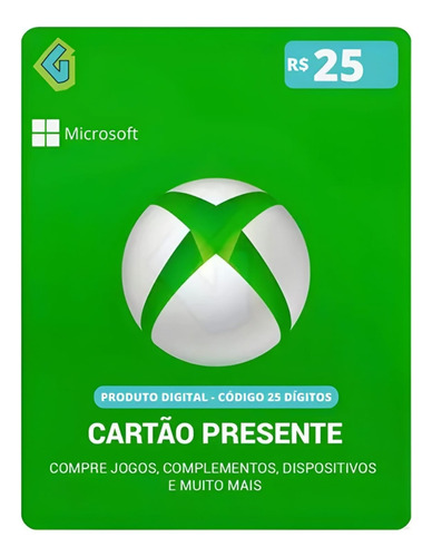 Cartão Presente Xbox Gift Card Microsoft Brasil R$ 25 Reais