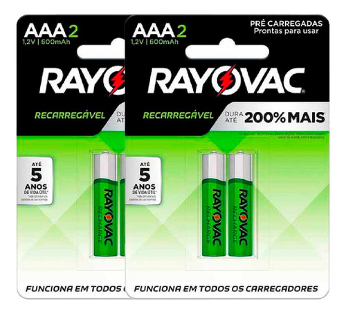 4 Pilhas Recarregaveis Aaa Rayovac (2 Cartelas)
