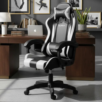 Silla Gamer Alpina Ergonómica Giratoria Reclinable ft-088 Color Negro\u002FBlanco Material del tapizado Cuero sintético | Envío gratis
