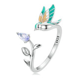 Anillo Ajustable Para Mujer Pájaro Colibrí Rama En Plata 925