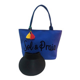 Kit Bolsa De Praia Neon Azul E Viseira Elástico Preto Moda