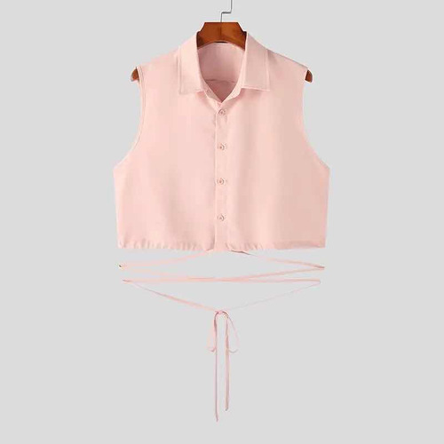 Camisa Rosa Crop Top Con Botones Y Cordones Para Ajustar