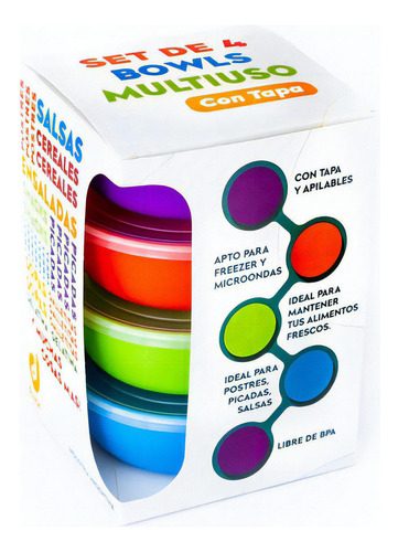 Set 4 Bowls Mini Multiuso Plástico C/tapa Colores Duzzi