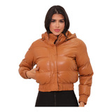 Jaqueta Puffer Feminina Couro Fake Cropped Bobojaco Forrada