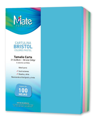 Mate | Cartulina Bristol 240 G | Colores | 100 Hojas