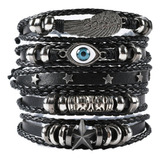 Kit 5 Pulseiras Bracelete Couro Olho Asa Estrelas Rock Punk