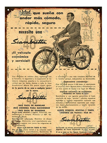 Cartel De Chapa Publicidad Antigua Moto Siambretta 48 A018