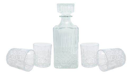 Set Whisky 5 Piezas | Licorera + 4 Vasos Vidrio Labrado Tk