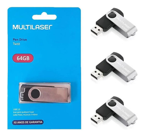 Kit 3 Pendrive Multilaser Twist 64gb Usb Atacado Revenda