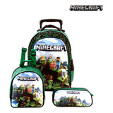 Mochila Escolar Infantil Minecraft Rodinha Lancheira+estojo