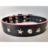 Collar Perro Cuero 100% Genuino Con Estrellas Y Bordes Rosas