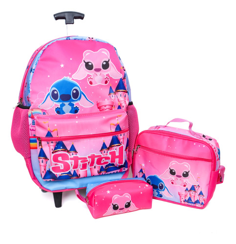 Kit Mochila Rodinha Escolar Juvenil Infantil Rosa Menina