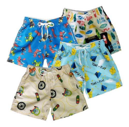 4 Peças Bermudas Mauricinho Tactel Shorts Infantil Estampado
