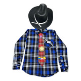 Camisa Flanelada Azul Gravata E Chapéu Cowboy Boiadeiro Kit 