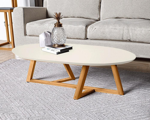 Mesa De Centro Sala Classic Oval Com Pés Em Madeira Maciça Cor Off White/amêndoa