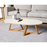 Mesa De Centro Sala Classic Oval Com Pés Em Madeira Maciça Cor Off White/amêndoa