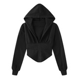 Sudadera Con Capucha Mujer Tipo Corset Negro Cuello En V