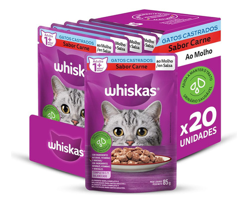 Pack Ração Úmida Whiskas Para Gatos Adultos Castrados Sachê Carne Ao Molho, 85g - 20 Unidades