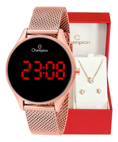 Relógio Champion Feminino Rosê Digital Led Vermelho Ch40133p