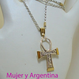 Conjunto Cruz Egipcia Plata Con Oro Con Cadena Rolo