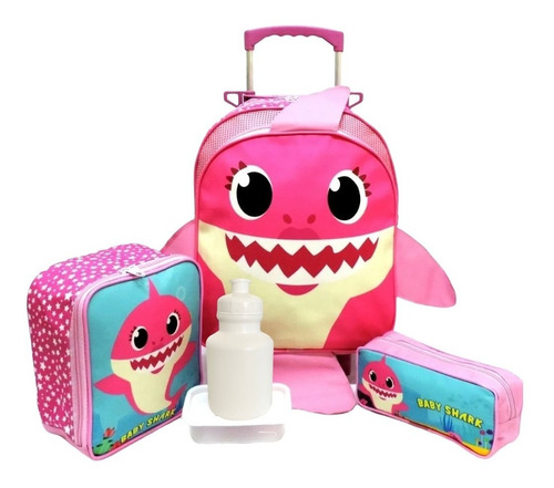 Kit Mochila Infantil Baby Shark Rodinhas M Mamãe Tubarão Rs