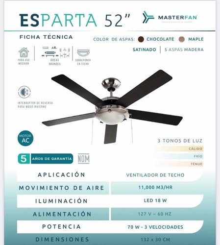 Ventilador De Techo Luz Led Masterfan Esparta Satinado