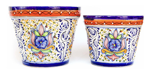 Talavera Macetero Mexicano Grande Y Mediano Cobalto Talavera