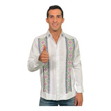 Guayabera Con Bordado Rosa Amarillo Verde