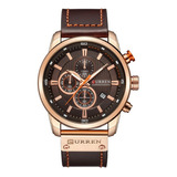 Relógio Masculino Pulseira De Couro Quartzo 8291 + Caixa Cor Da Correia Rose Café