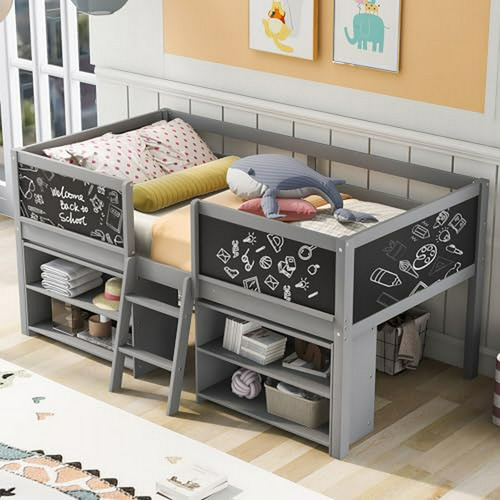 Cama Alta Doble De Madera Con Estantes Y Pizarra Para Niños,