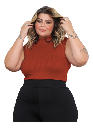 Regata Plus Size Canelada Gola Alta Blusinha Feminina Cavada