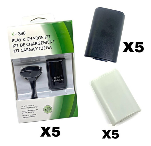 5 Kit Carga Y Juega Para Control Xbox 360 + 10 Tapas De 360