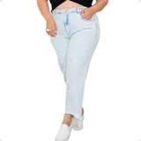 Calça Jeans Plus Size Feminina Mom Destroyed Cintura Alta