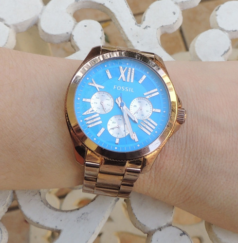 Relógio Feminino Fossil Azul Am4556 Ouro-rosa 