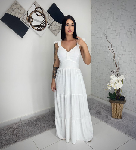 Vestido Longo Franzido Pipoca Com Babada Na Manga 