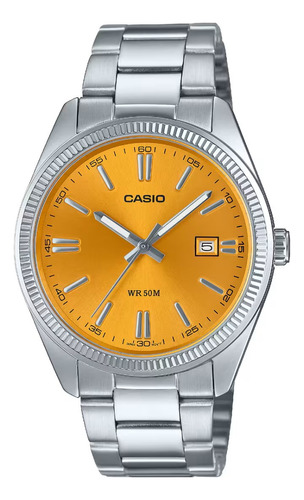 Reloj Hombre Casio Vintage Mtp-1302d-9 Acero Inoxidable Correa Plateado Bisel Plateado Fondo Naranja Claro