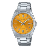 Reloj Hombre Casio Vintage Mtp-1302d-9 Acero Inoxidable Correa Plateado Bisel Plateado Fondo Naranja Claro