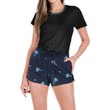 Conjunto Feminino Camiseta Algodão E Short Tactel Coqueiro