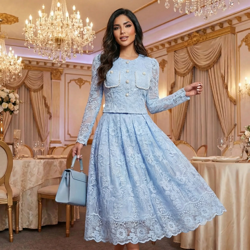 Conjunto Encaje Azul Claro Perlas Botones Elegancia