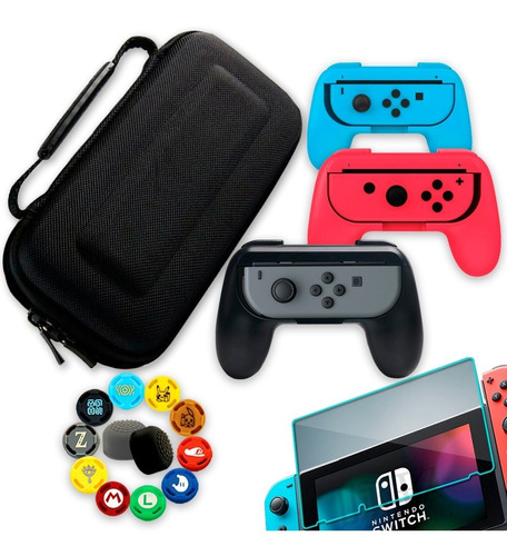 Case + Grip + Película Vidro + Thumbs Nintendo Switch