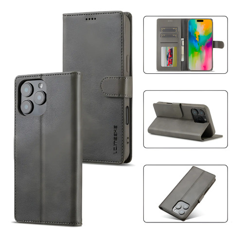 Funda Tipo Cartera De Piel De Primera Calidad Para iPhone 5, 6, 7, 8 X 11, 13, 14, 15, 16, 17 Pro Max, Gris, Con Ranuras Para Tarjetas