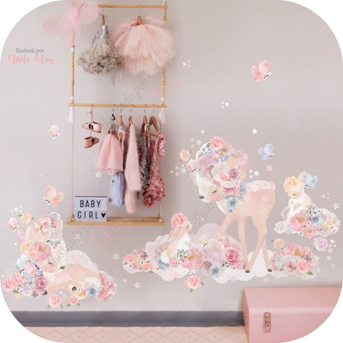 Vinilo Decorativo Infantil Ciervo Bamby Bebe Flores Conejo