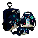 Kit Mochila C/ Rodinha Lancheira Estojo Neoprene Astronauta