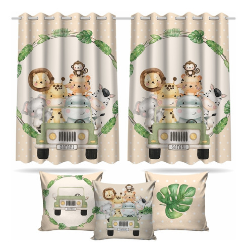 Kit Cortina + 3 Capas Almofadas Infantil Safari Baby 05