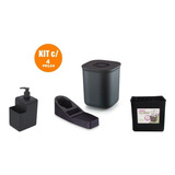 Kit 4 Peças Pia Lixeira Dispenser Detergente Talheres Preto